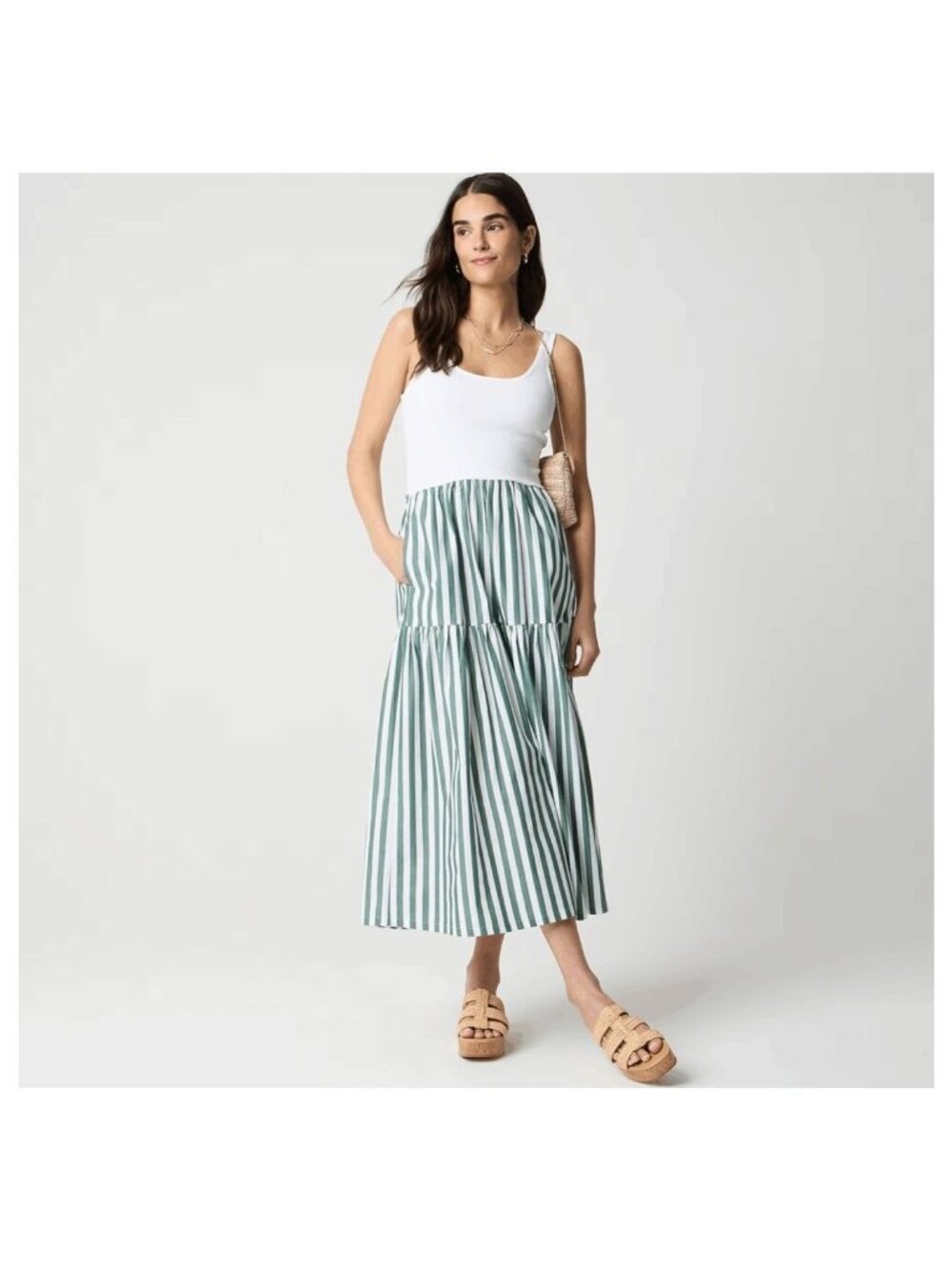 NWT J. Crew White and Green Striped Tiered Knit Mixy Dress - Size: Petite Small